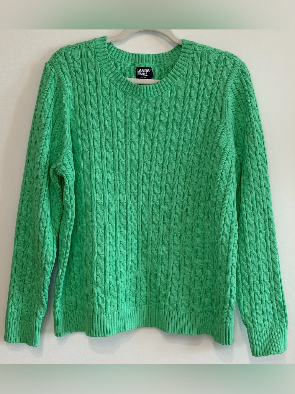 Lands’ End Women's Drifter Classic 100% Cotton Cable Knit Green Sweater Size XL